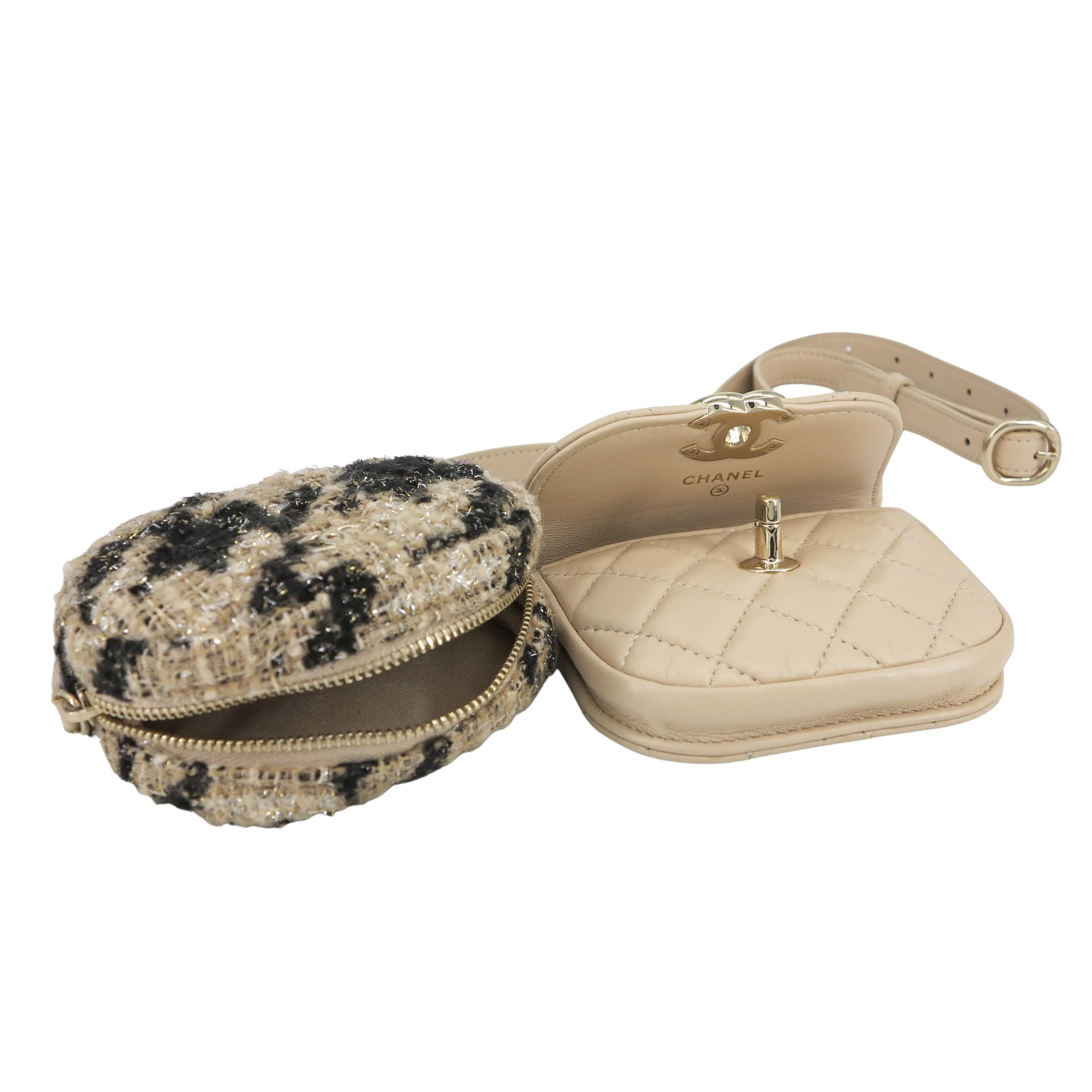 19K Beige Houndstooth Waist Belt Bag with Coin Purse