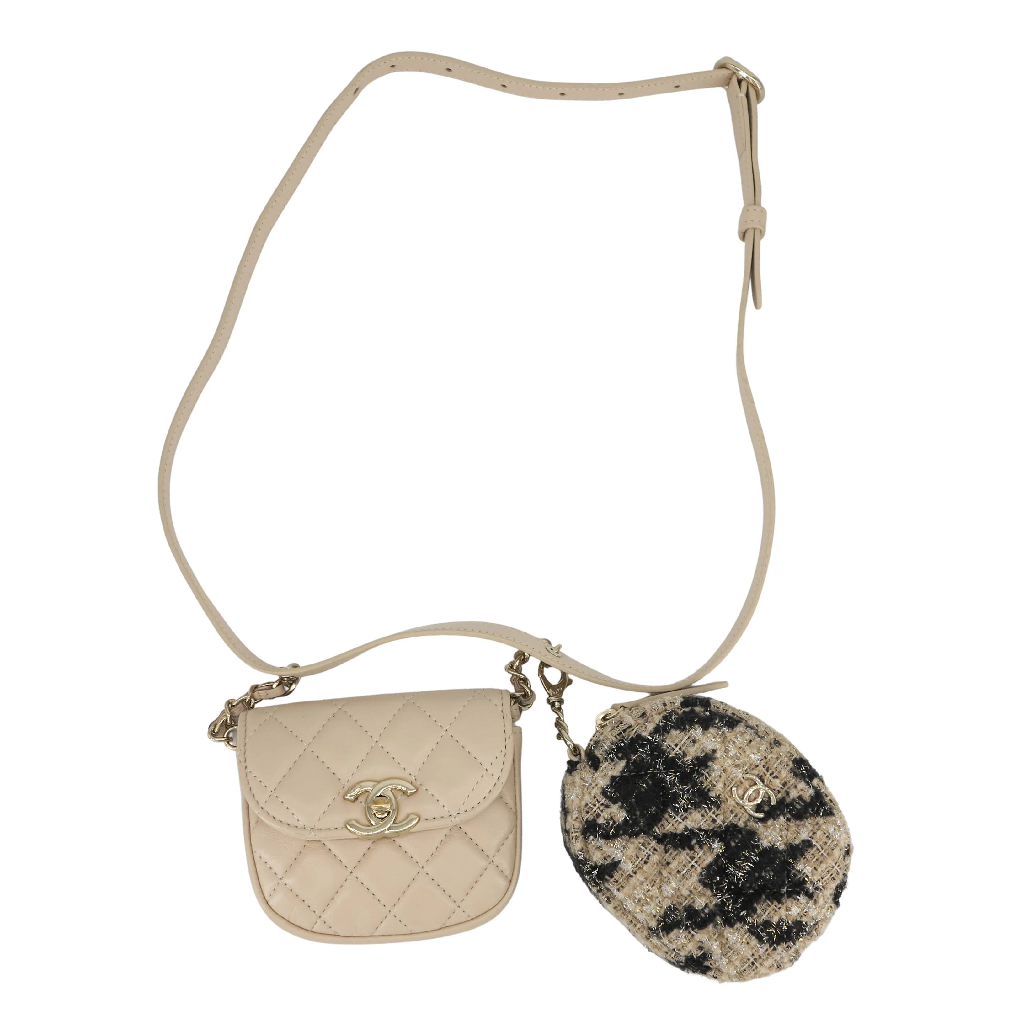 19K Beige Houndstooth Waist Belt Bag with Coin Purse