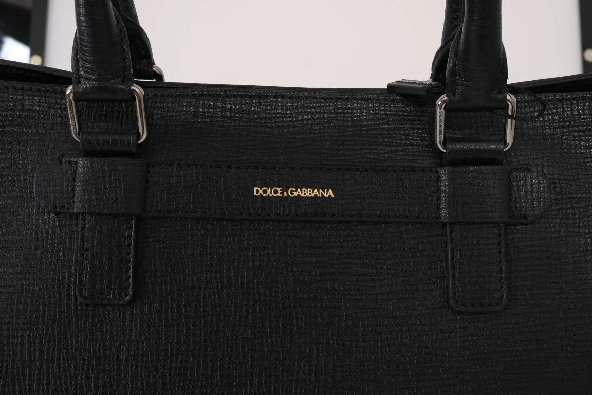 Black Leather Shopping Tote Bag
