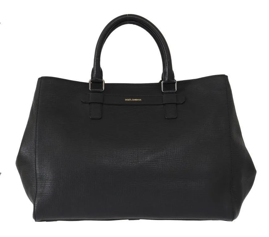Black Leather Shopping Tote Bag