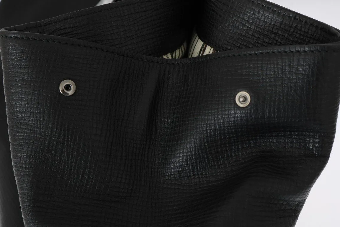 Black Leather Shopping Tote Bag