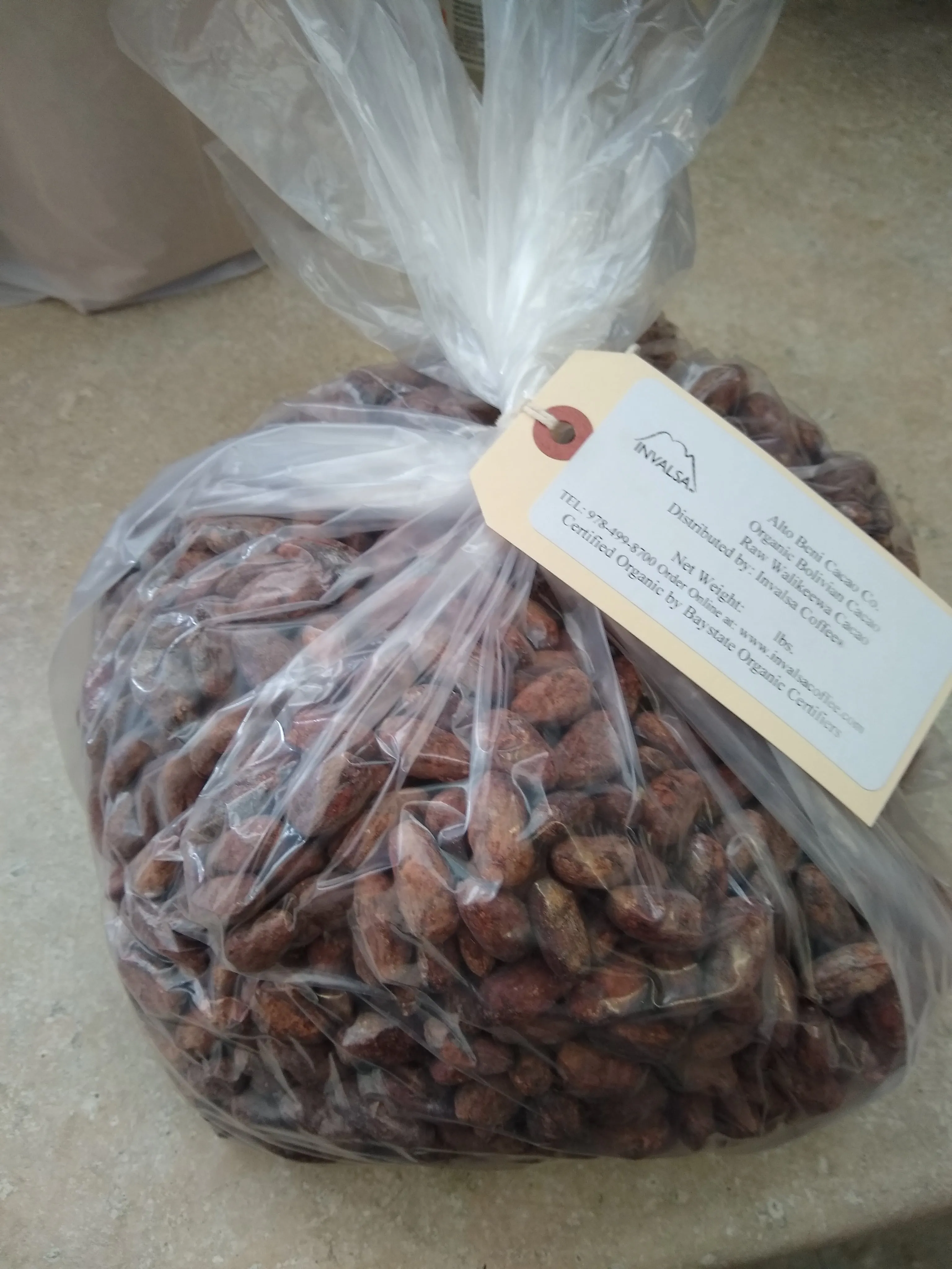 Bolivia Organic-certfied, Improved Walikeewa (hybrid, Amelonado) Unroasted Cacao Beans. Available only Salisbury, (MA).