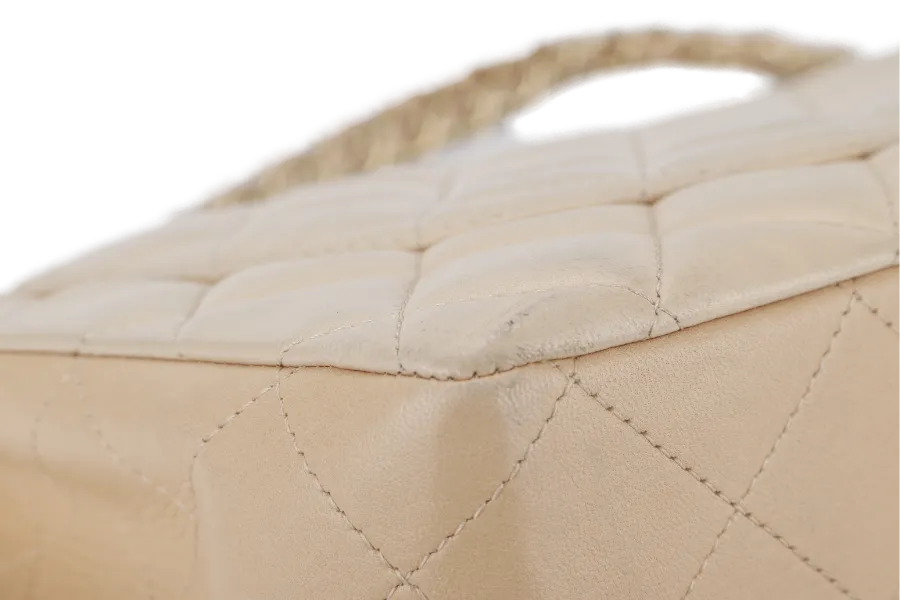 CHANEL CLASSIC SINGLE FLAP (1309xxxx) JUMBO BEIGE LAMBSKIN GOLD HARDWARE WITH CARD