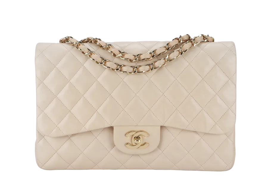 CHANEL CLASSIC SINGLE FLAP (1309xxxx) JUMBO BEIGE LAMBSKIN GOLD HARDWARE WITH CARD