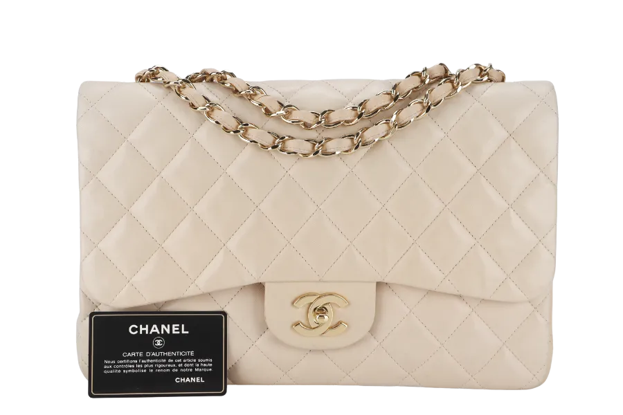 CHANEL CLASSIC SINGLE FLAP (1309xxxx) JUMBO BEIGE LAMBSKIN GOLD HARDWARE WITH CARD