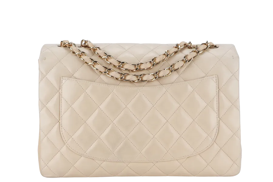 CHANEL CLASSIC SINGLE FLAP (1309xxxx) JUMBO BEIGE LAMBSKIN GOLD HARDWARE WITH CARD