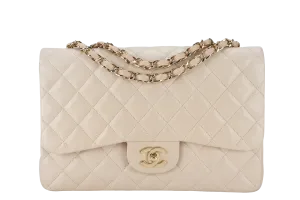 CHANEL CLASSIC SINGLE FLAP (1309xxxx) JUMBO BEIGE LAMBSKIN GOLD HARDWARE WITH CARD