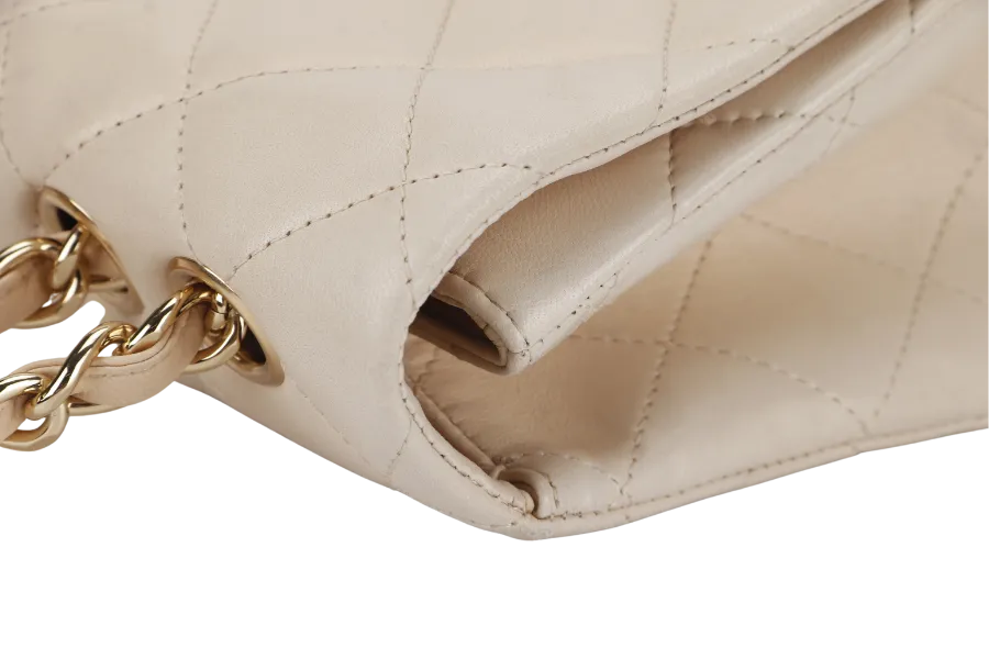 CHANEL CLASSIC SINGLE FLAP (1309xxxx) JUMBO BEIGE LAMBSKIN GOLD HARDWARE WITH CARD