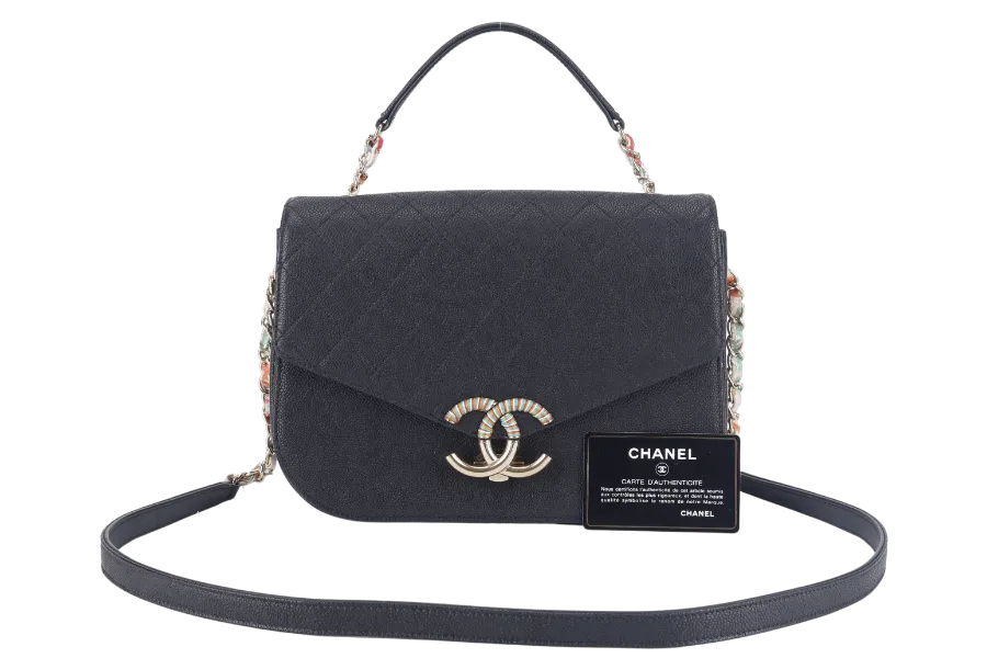 CHANEL PARIS-CUBA THREAD AROUND FLAP BAG (2359xxxx) BLACK CAVIAR LEATHER GOLD HARDWARE WITH CARD