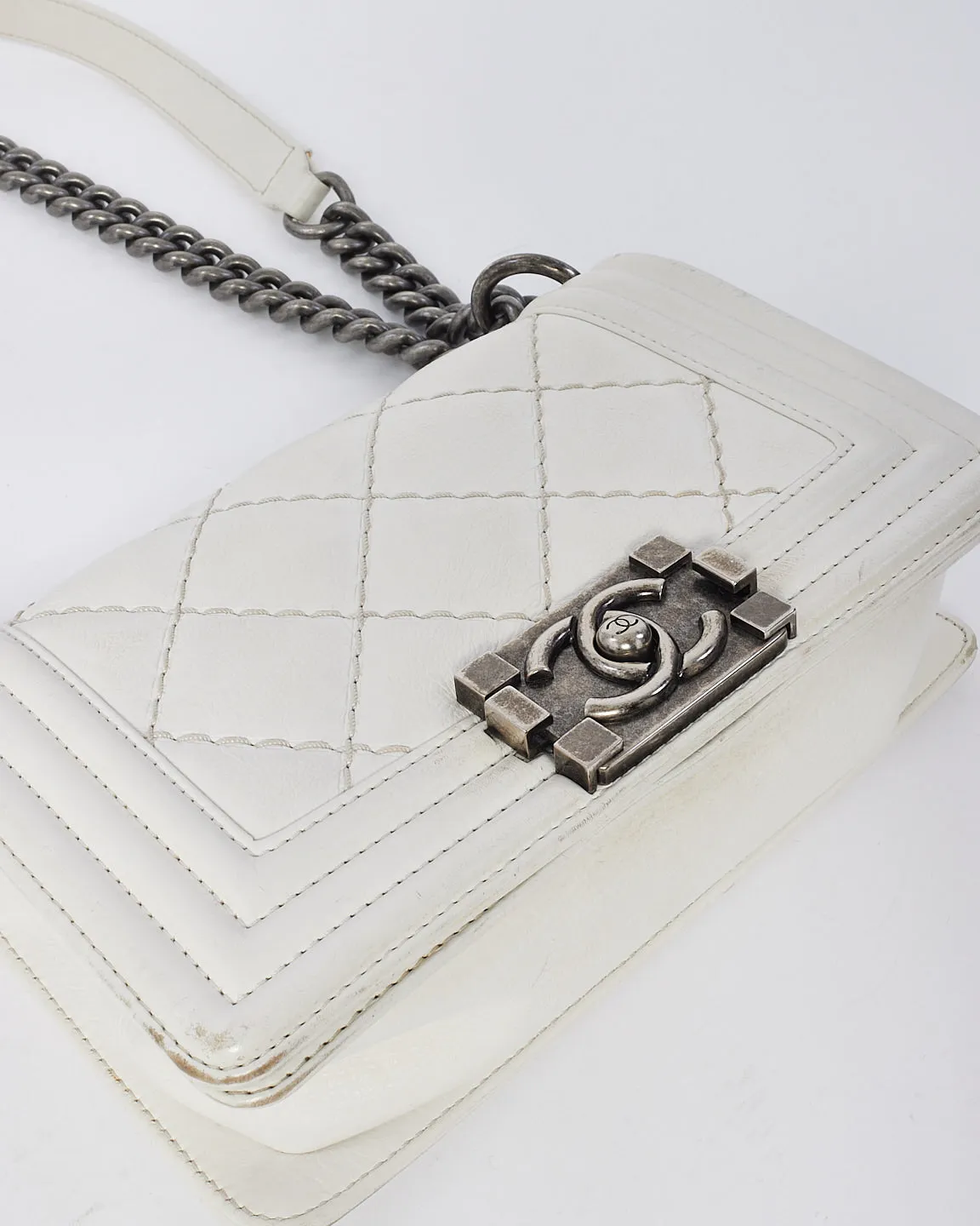 Chanel White Quilted Lambskin Small Boy Bag SHW