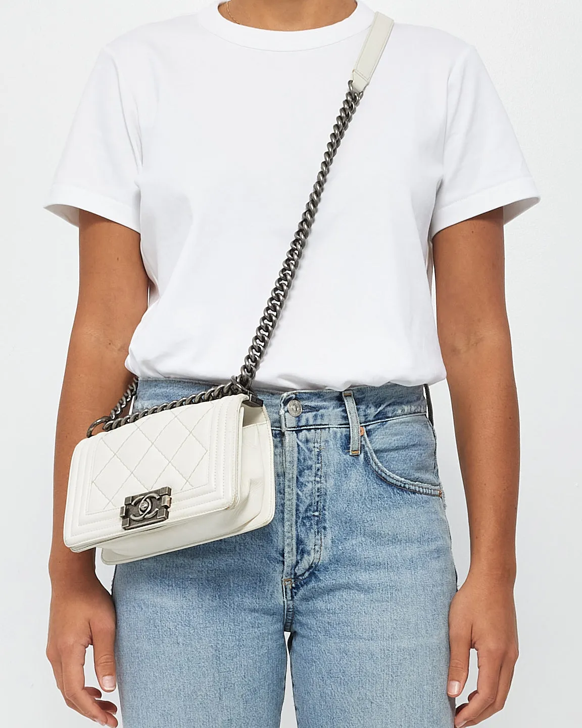 Chanel White Quilted Lambskin Small Boy Bag SHW
