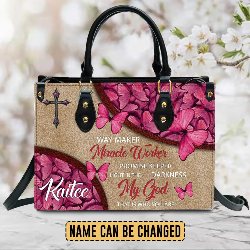 Christianartbag Handbags, Way Maker Miracle Worker Leather Handbag, Butterfly Pink Leather Handbag, Gifts for Women, CABLTB01311023.