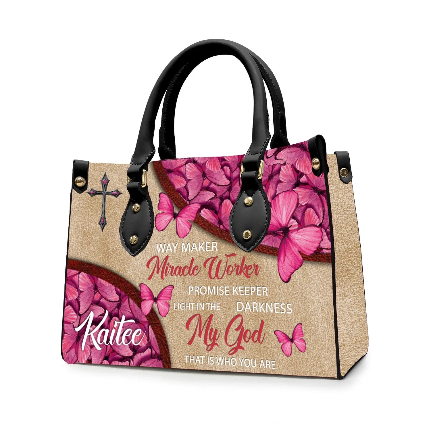 Christianartbag Handbags, Way Maker Miracle Worker Leather Handbag, Butterfly Pink Leather Handbag, Gifts for Women, CABLTB01311023.