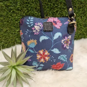Flower Bloom and Bee Print Crossbody Handbag Leather Strap