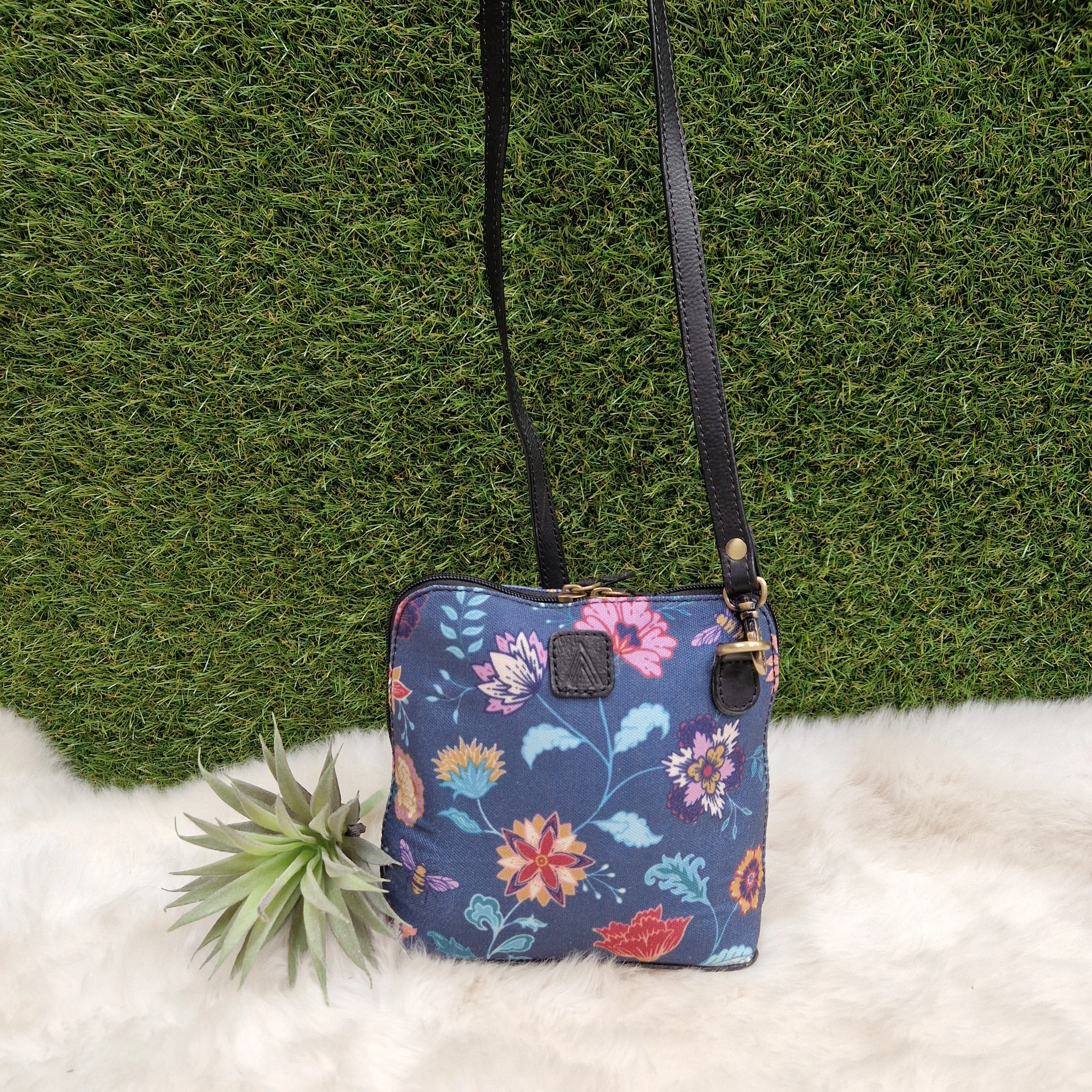Flower Bloom and Bee Print Crossbody Handbag Leather Strap