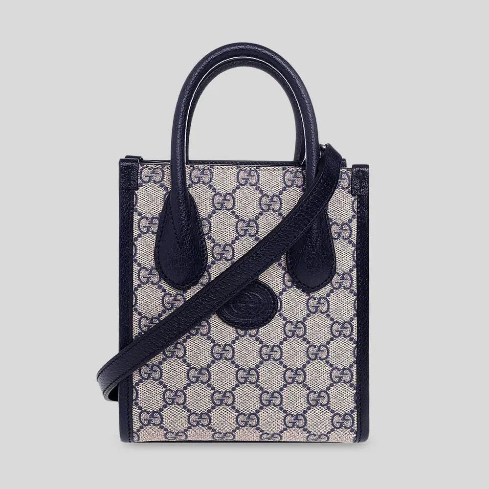 GUCCI GG Supreme Canvas Unisex Small Tote Crossbody Bag Navy RB-671623