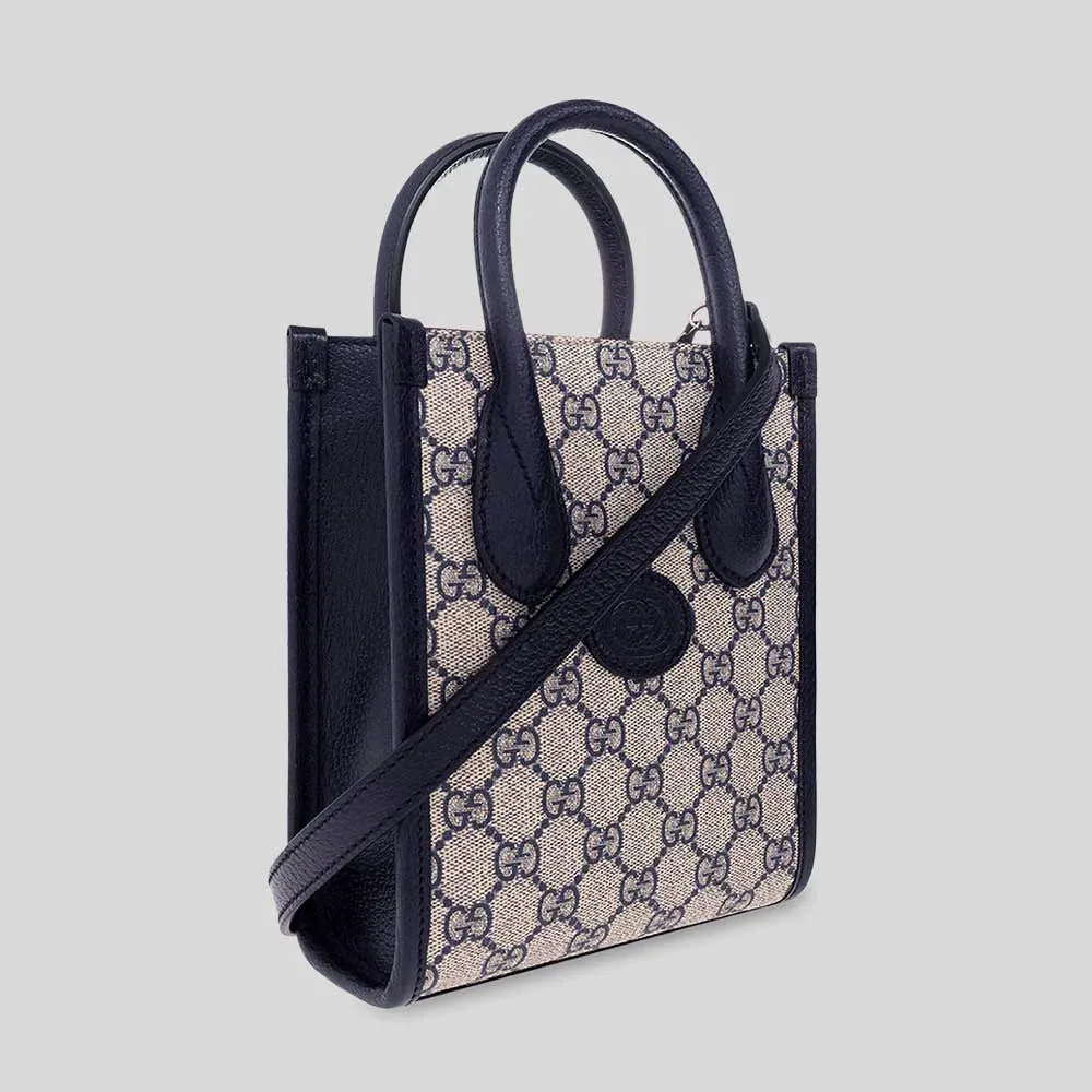 GUCCI GG Supreme Canvas Unisex Small Tote Crossbody Bag Navy RB-671623