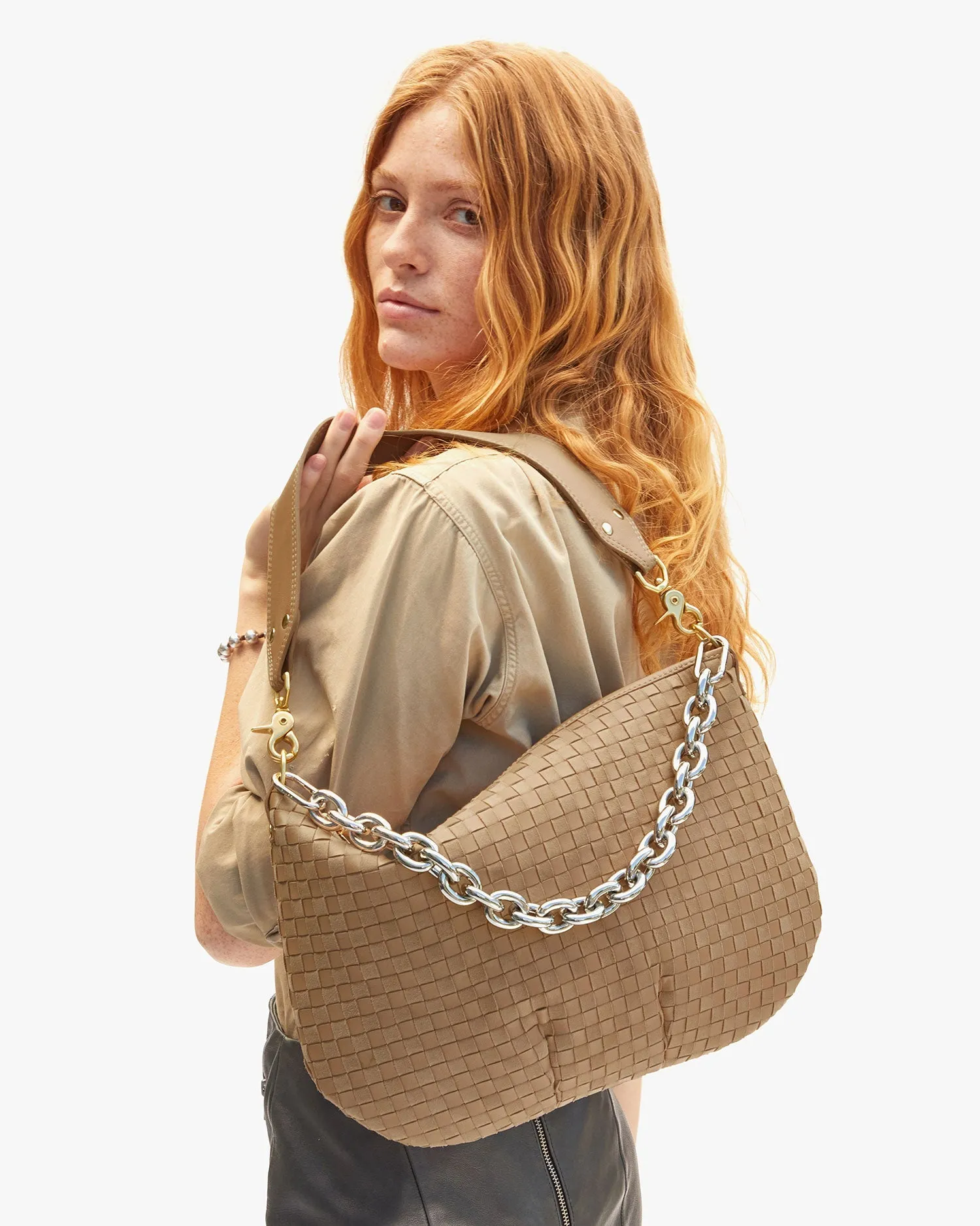 Moyen Messenger - Clay Leather & Suede Woven Checker