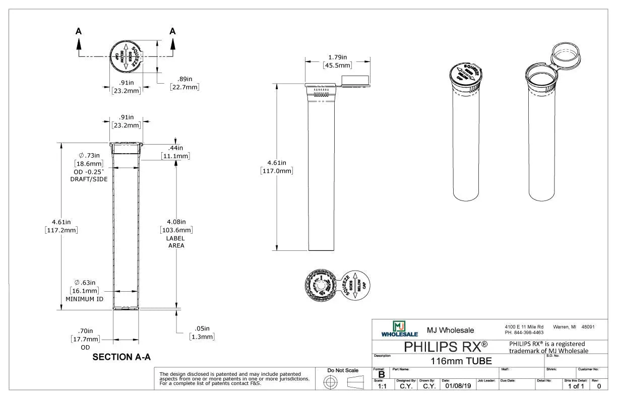 Philips RX 116mm Blunt Tube - Clear - CPSC Child Resistant - (500 Count)