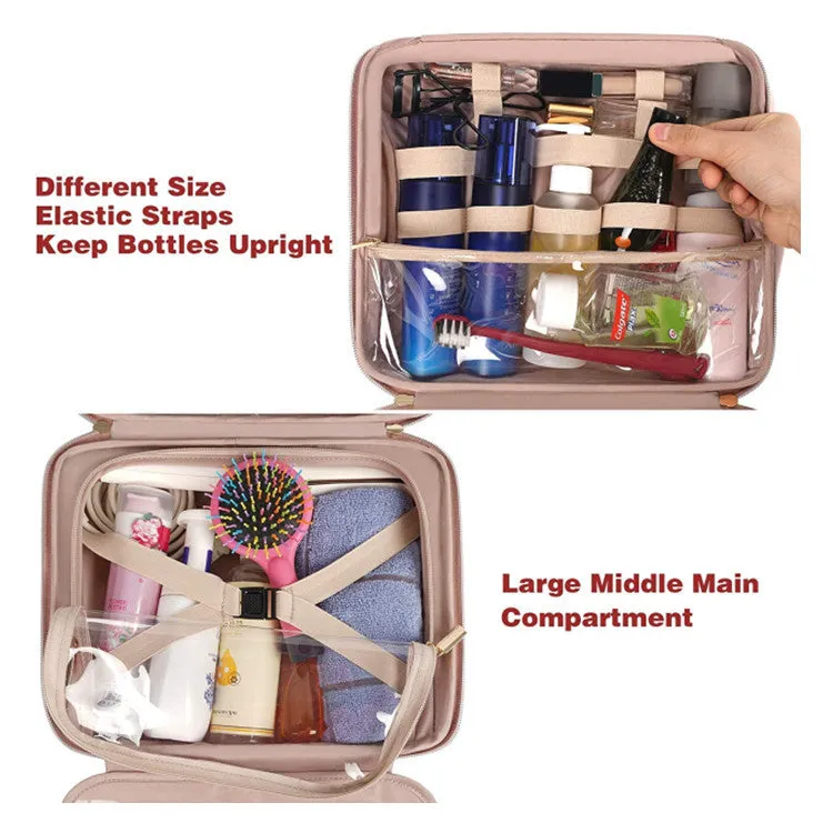 Pink Compact PU Leather Travel Toiletry Bag with Zipper Compartments