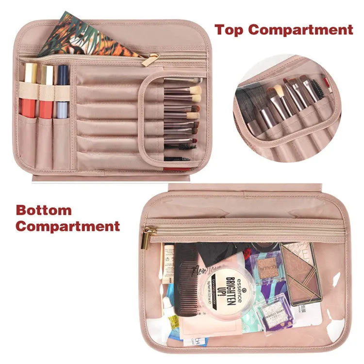 Pink Compact PU Leather Travel Toiletry Bag with Zipper Compartments