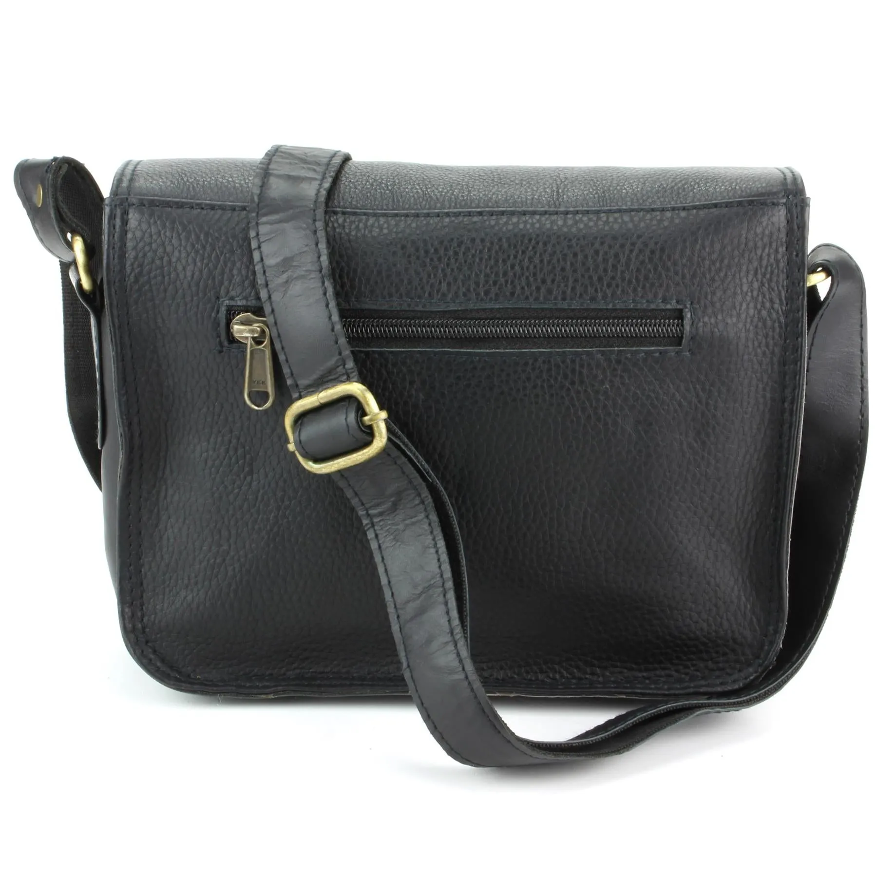 Real Leather Satchel with Front Pocket - Black