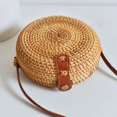Realaiot Woven Rattan Bag Round Straw Shoulder Bag Small Beach HandBags Women Summer Hollow Handmade Messenger Crossbody Bags