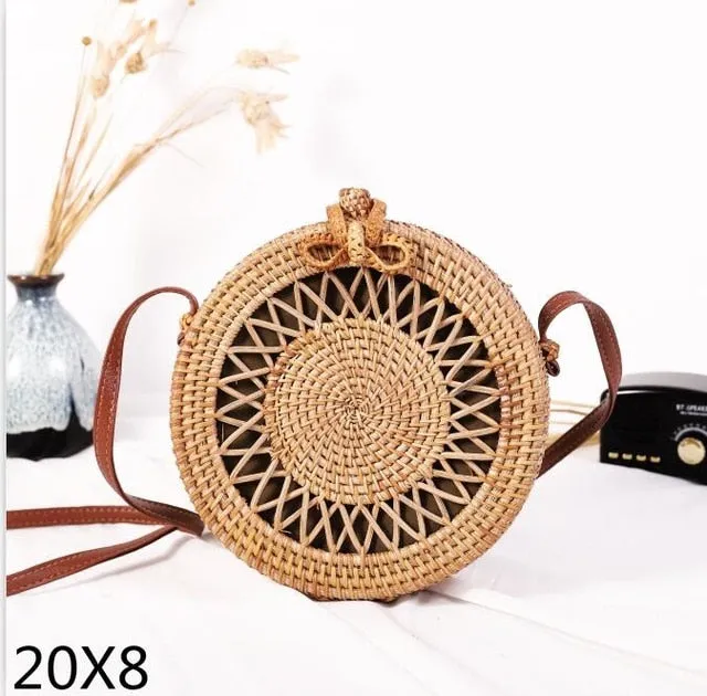 Realaiot Woven Rattan Bag Round Straw Shoulder Bag Small Beach HandBags Women Summer Hollow Handmade Messenger Crossbody Bags