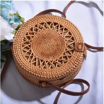 Realaiot Woven Rattan Bag Round Straw Shoulder Bag Small Beach HandBags Women Summer Hollow Handmade Messenger Crossbody Bags