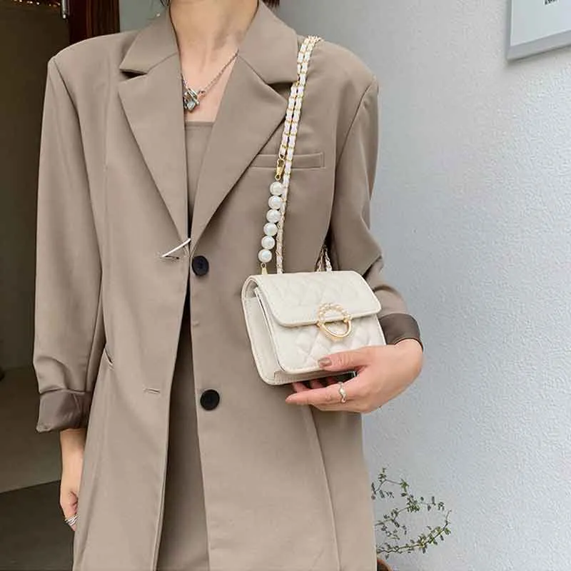 Solid Beaded Flap Chain Shoulder Bag