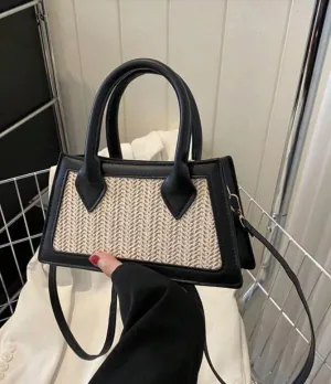 Top Handle Mini Straw Woven Black Tote Crossbody Bag