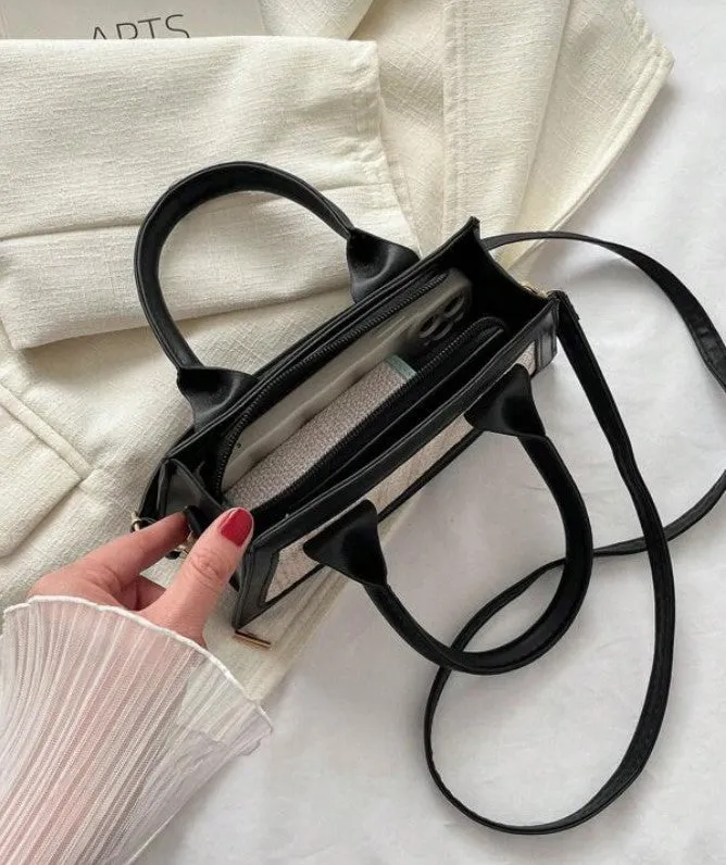 Top Handle Mini Straw Woven Black Tote Crossbody Bag