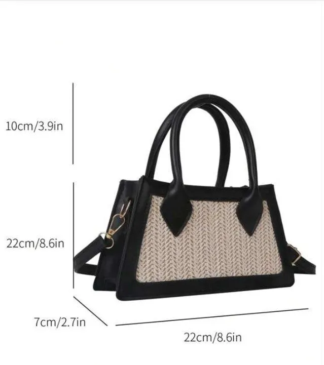 Top Handle Mini Straw Woven Black Tote Crossbody Bag