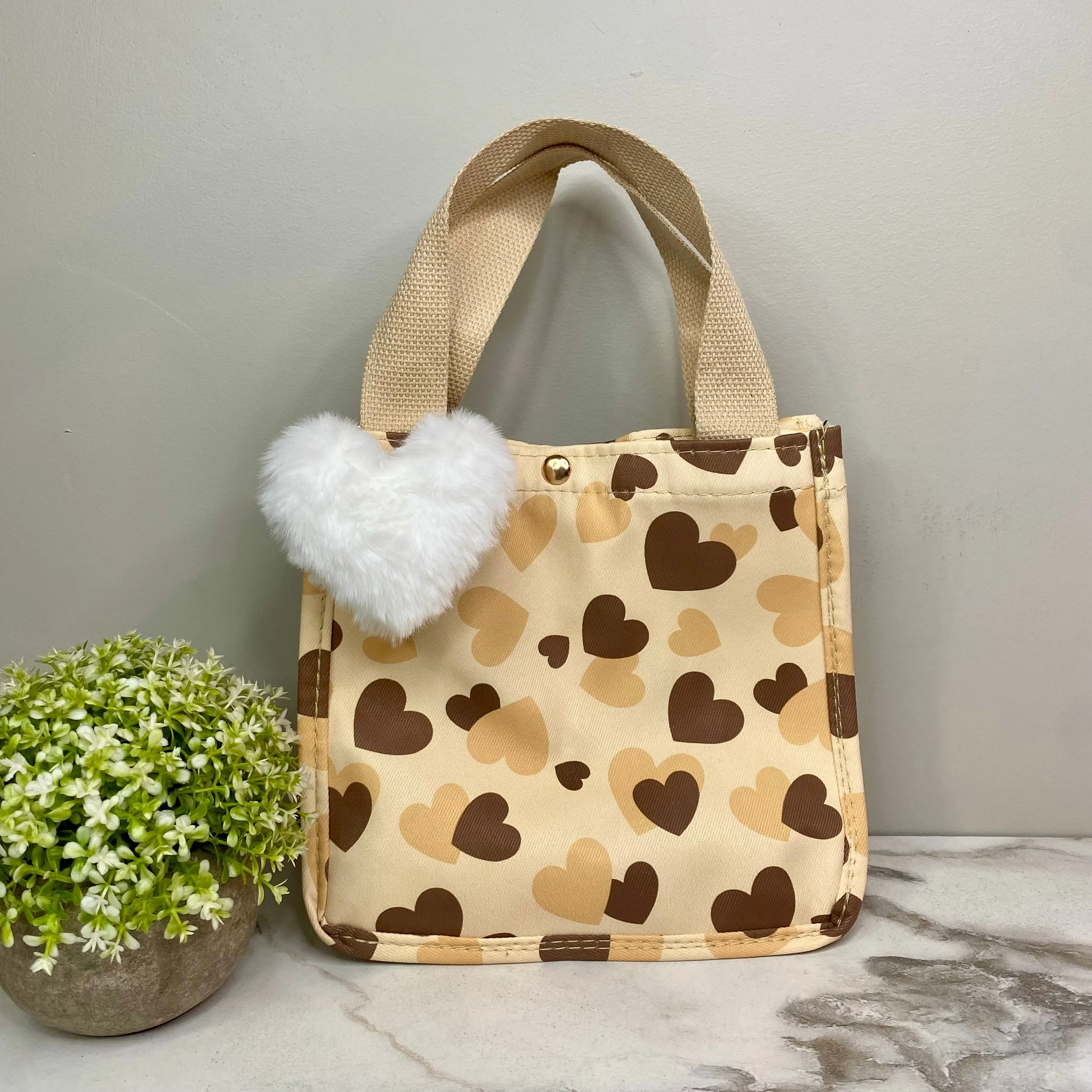 Tote Bag - Heart Brown   Tan