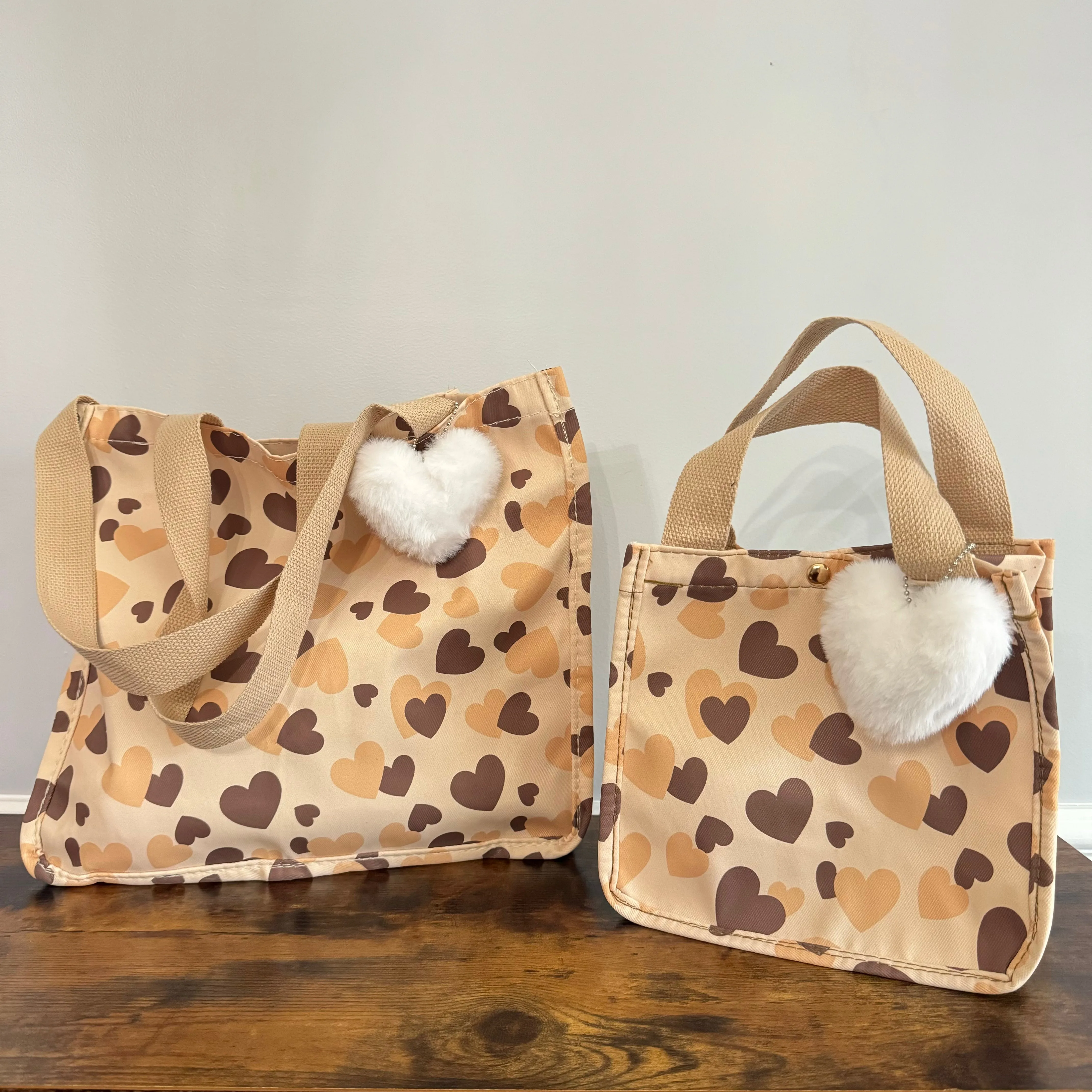 Tote Bag - Heart Brown   Tan