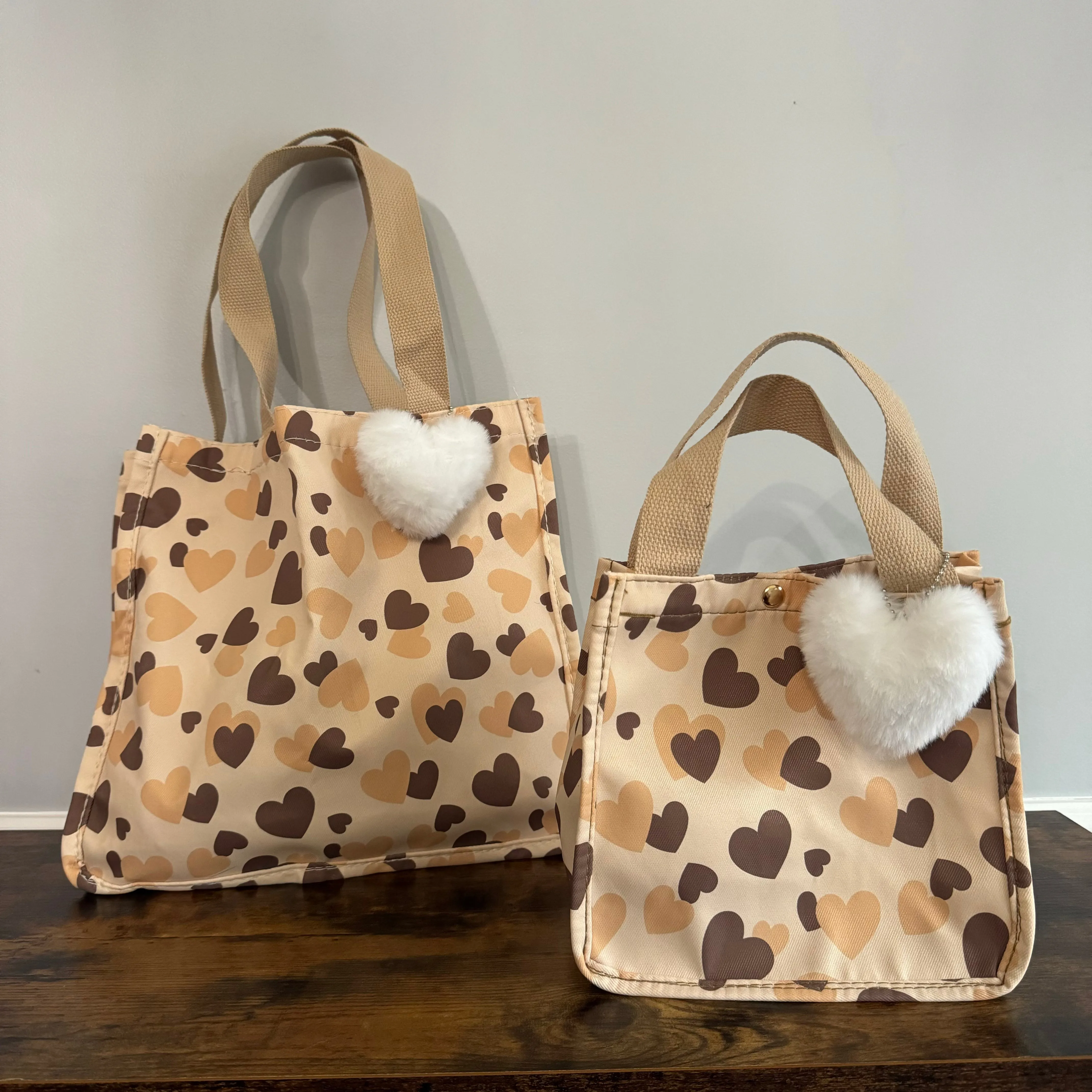Tote Bag - Heart Brown   Tan