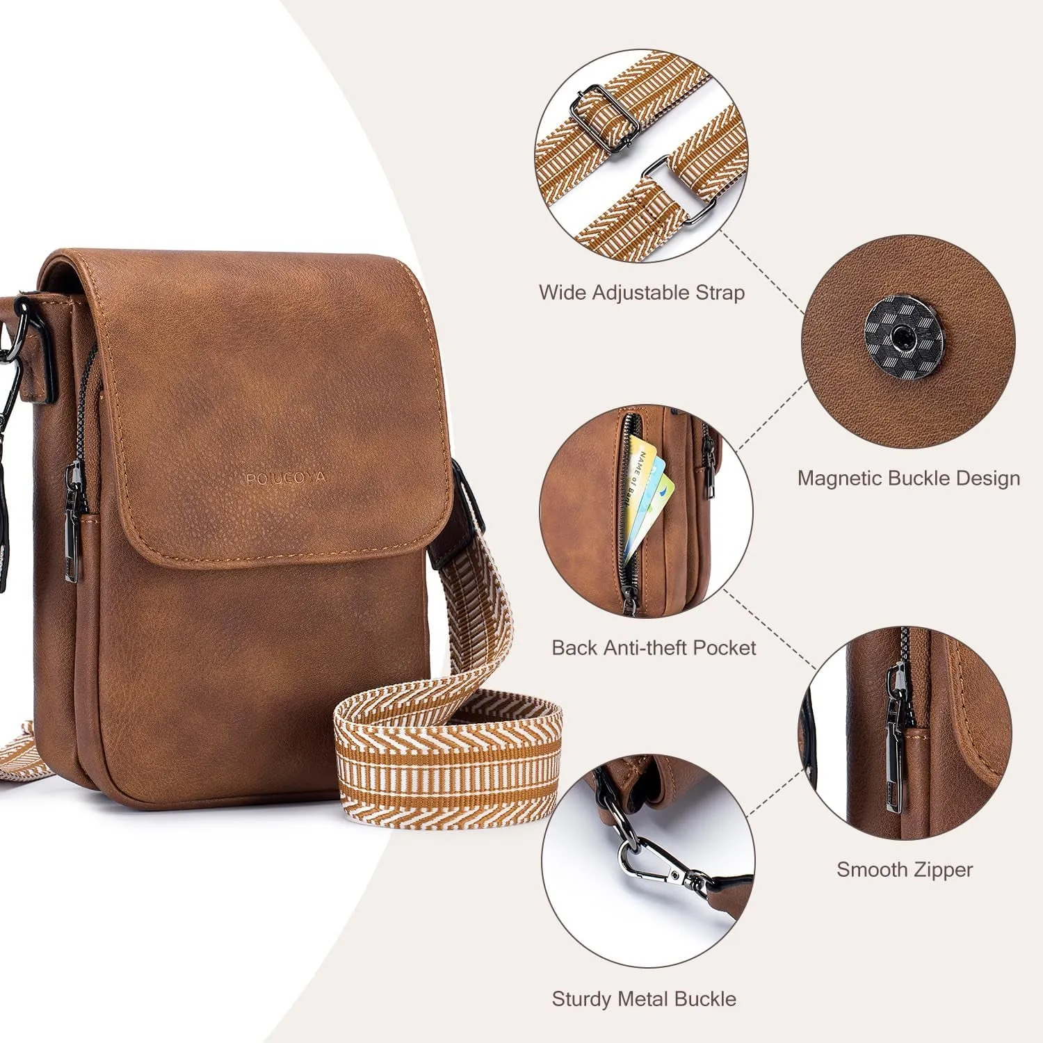 Trendy Crossbody Bags for Women, Leather Triple Compartment Cell Phone Purses with Card Slots