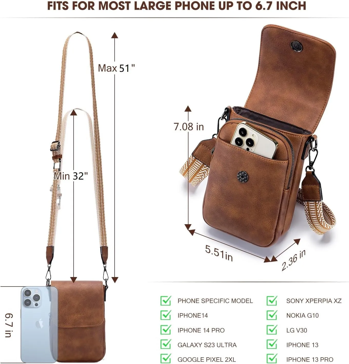 Trendy Crossbody Bags for Women, Leather Triple Compartment Cell Phone Purses with Card Slots
