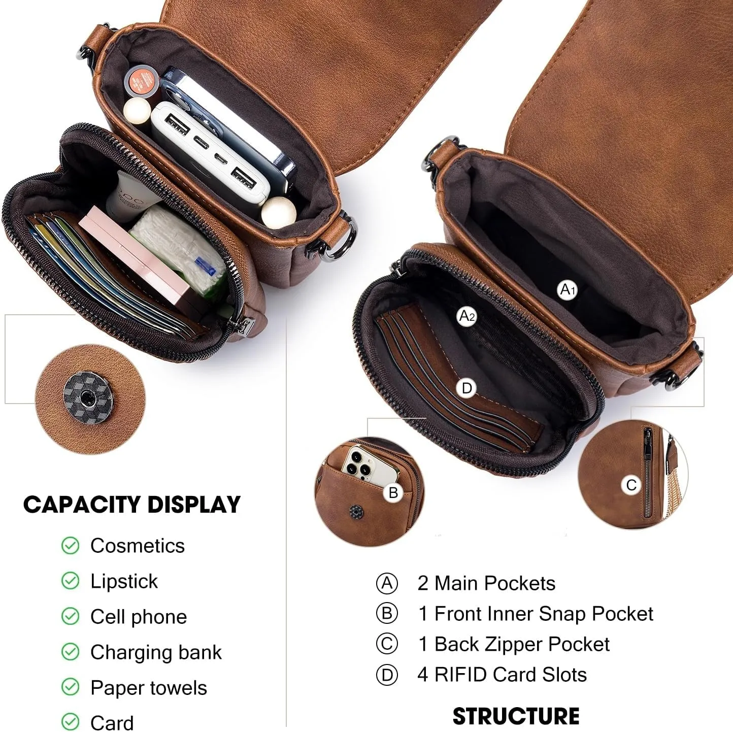 Trendy Crossbody Bags for Women, Leather Triple Compartment Cell Phone Purses with Card Slots