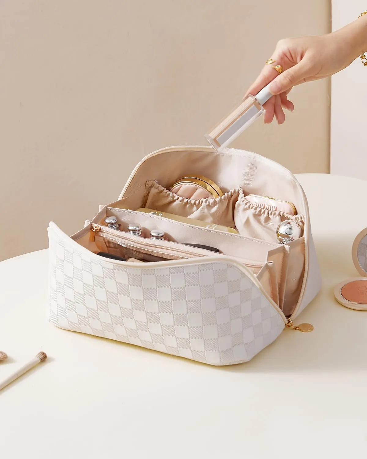Waterproof Travel Makeup Toiletry Bag for Women with Divider & Handle