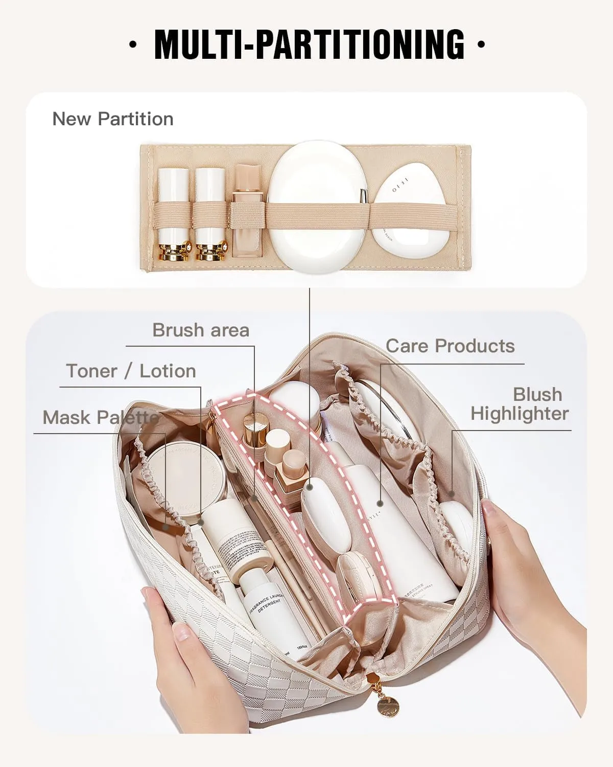 Waterproof Travel Makeup Toiletry Bag for Women with Divider & Handle