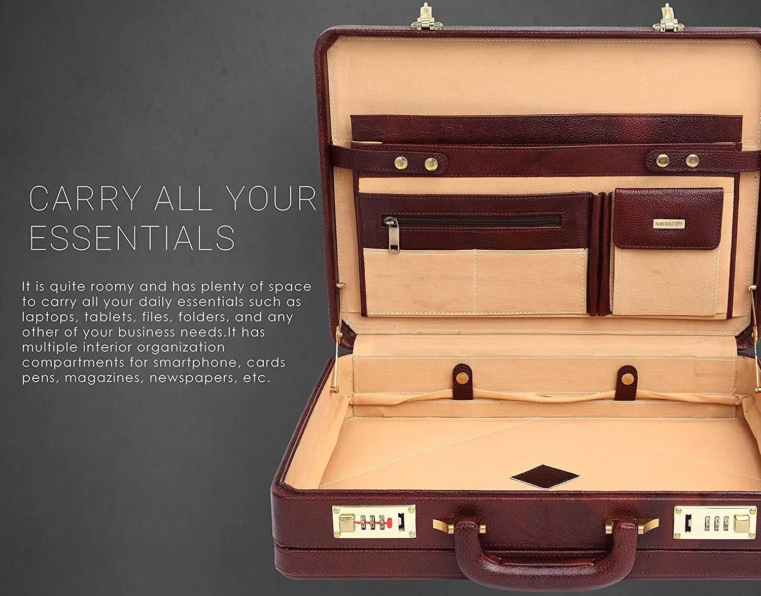 WildHorn® 100% Genuine Leather Premium Briefcase Attache Bag|Office|Meeting (Dimension : 17 x 12.5 x 4 Inch)